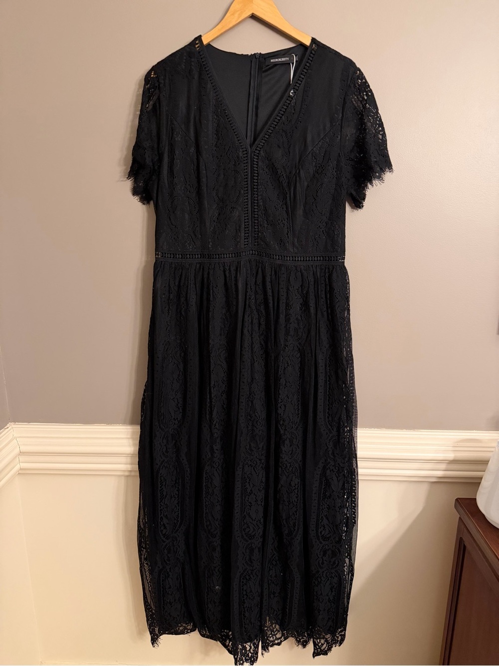 MEROKEETY Whimsigoth Cottagecore Black Lace Maxi Dress (2XL) EUC